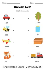 Match rhyming pair. Educational worksheet for kids.