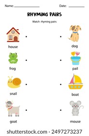 Match rhyming words. Match rhyming pairs. Worksheet for kids.