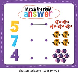Match the right answer math worksheet for kids illustration