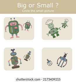 Match the robots by size big or  small. Children's educational game.
