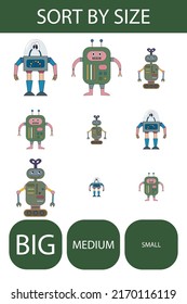 Match the robots by size large, medium and small. Children's educational game.
