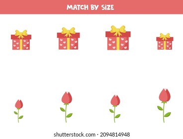 Coincide rosas y regalos por tamaño. Juego educativo lógico para niños.