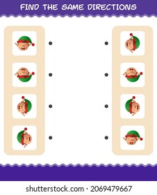 Match the same directions of elf. Matching game. Educational game for pre shool years kids and toddlers