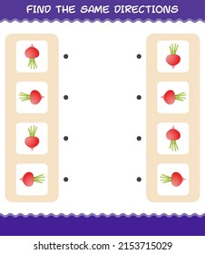 Match the same directions of radish. Matching game. Educational game for pre shool years kids and toddlers