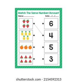 Match The Same Number Kindergarten Pre K count and match game beginning counting math worksheet for preschool kids activity sheet Back to School