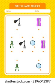 Match with same object game back to school icon. worksheet for preschool kids, kids activity sheet