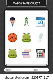 Match with same object game backpack. worksheet for preschool kids, kids activity sheet