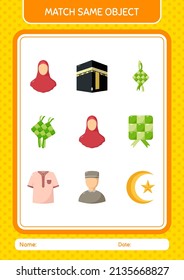 Match with same object game ramadan icon. worksheet for preschool kids, kids activity sheet