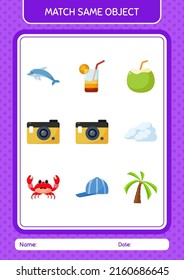 Match with same object game summer icon. worksheet for preschool kids, kids activity sheet