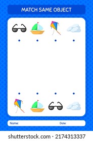 Match with same object game summer icon. worksheet for preschool kids, kids activity sheet
