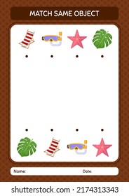 Match with same object game summer icon. worksheet for preschool kids, kids activity sheet