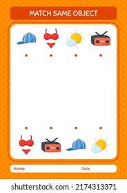 Match with same object game summer icon. worksheet for preschool kids, kids activity sheet