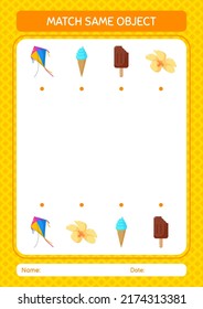 Match with same object game summer icon. worksheet for preschool kids, kids activity sheet