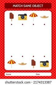 Match with same object game summer icon. worksheet for preschool kids, kids activity sheet