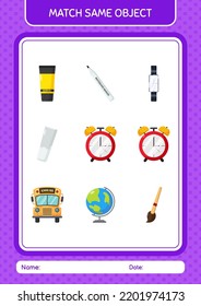 Match with same object game waker clock. worksheet for preschool kids, kids activity sheet
