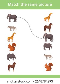 Match the same picture. Draw a line. Education developing worksheet. Activity page with color pictures. Isolated vector illustration. Funny Game Cartoon style. Matching children educational game.