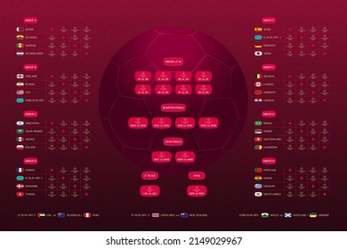Match schedule 2022 final draw results table, flags of countries participating to the international soccer tournament in Qatar, vector illustration