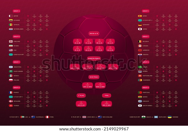 Match schedule 2022 final draw\
results table, flags of countries participating to the\
international soccer tournament in Qatar, vector\
illustration