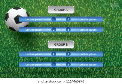 Match schedule background with soccer ball and green grass background. Vector illustration.