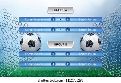 Match schedule background of soccer football cup with green grass of soccer background. Soccer football tournament schedule. Vector illustration.