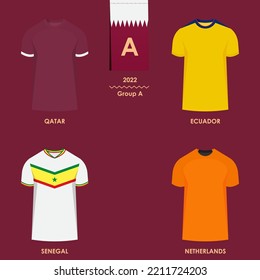 Coincidir con el grupo de programación A: Brasil, Ecuador, Senegal, Países Bajos. Mesa de resultados del sorteo final de 2022, camiseta de países participando en el torneo internacional de fútbol de Qatar. Vector