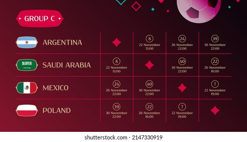 Match schedule group C, 2022 final draw results table, flags of countries participating to the international soccer tournament in Qatar, vector illustration
