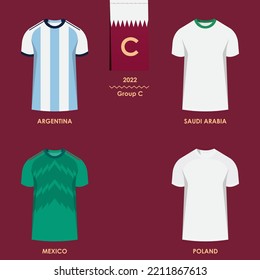 Match schedule group C : Argentina, Saudi Arabia, Mexico, Poland. 2022 final draw results table, jersey of countries participating to the world international soccer tournament in Qatar. Vector.