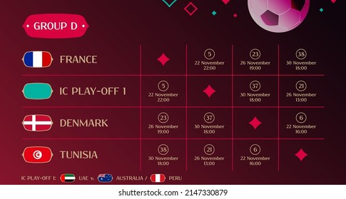 Partida programada grupo D, tabla de resultados del sorteo final 2022, banderas de países participantes en el torneo internacional de fútbol en Qatar, ilustración vectorial