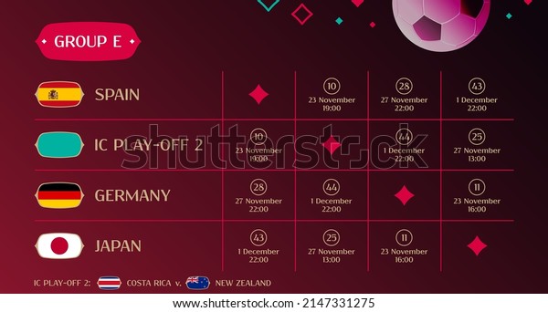 Match schedule group E, 2022 final\
draw results table, flags of countries participating to the\
international soccer tournament in Qatar, vector\
illustration