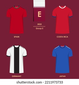 Gruppe E: Spanien, Costa Rica, Deutschland, Japan. Ziehungstabelle 2022, Trikot der Länder, die am internationalen Fußballturnier in Katar teilnehmen, Vektorgrafik