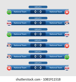  match schedule group E vector illustration. eps10.football tournament schedule. Nations flags info graphic.