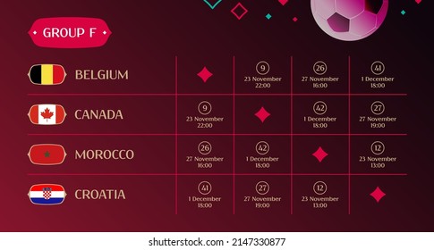 Grupo de listas de partidos F, tabla de resultados del sorteo final de 2022, banderas de países participantes en el torneo internacional de fútbol en Qatar, ilustración vectorial