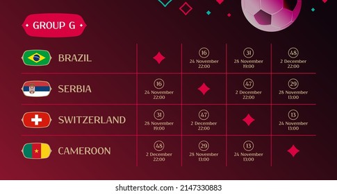 Match Plan Gruppe G, Finale Ziehungstabelle 2022, Flaggen der Länder, die am internationalen Fußballturnier in Katar teilnehmen, Vektorgrafik