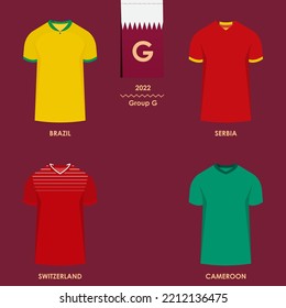 Gruppe G: Brasilien, Serbien, Schweiz, Kamerun. 2022 endgültige Ziehungsergebnisse Tabelle, Jersey der Länder, die am internationalen Fußballturnier der Welt in Katar teilnehmen, Vektor.