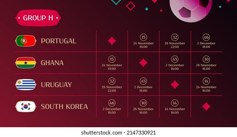 Grupo H del programa de partidos, tabla de resultados del sorteo final de 2022, banderas de países participantes en el torneo internacional de fútbol en Qatar, ilustración vectorial