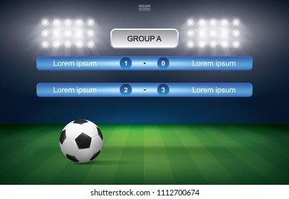 Match schedule of soccer football cup with soccer ball stadium background. Soccer football tournament schedule. Vector illustration.