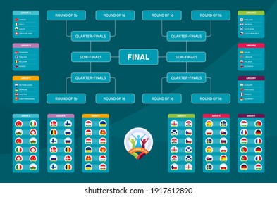 Match schedule, template for web, print, football results table, flags of European countries participating to the final tournament of european football championship euro 2020. vector illustration