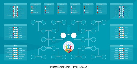 Match schedule, template for web, print, football results table, flags of European countries participating to the final tournament of european football championship euro 2020. vector illustration