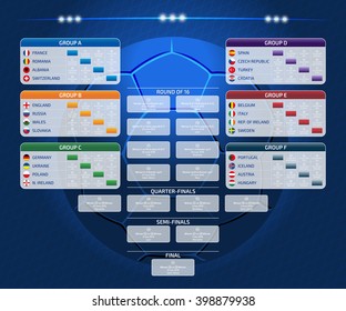 Match schedule, template for web, print, football results table, flags of european countries participating to the final tournament of Euro 2016 football championship, vector illustration