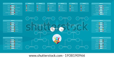 Match schedule, template for web, print, football results table, flags of European countries participating to the final tournament of european football championship euro 2020. vector illustration