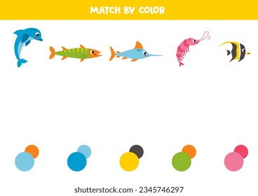 Match sea animals and colors. Educational worksheet for kids. Cute sea habitants.
