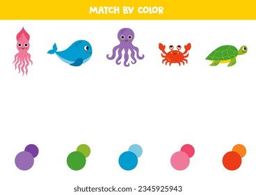 Match sea animals and colors. Educational worksheet for kids. Cute sea habitants.