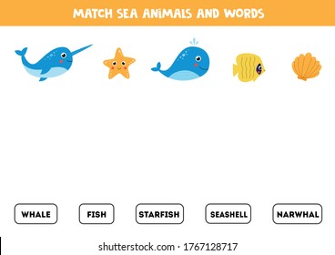 Match sea animals and written words. Educational game for preschool kids. Read words and match pictures. Printable worksheet. 