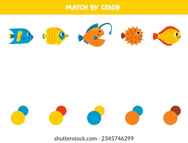 Match sea fish and colors. Educational worksheet for kids. Cute sea habitants.