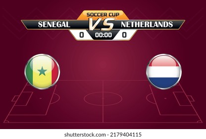 Partido de fútbol Senegal-Países Bajos 2022. Festival de infografía del Campeonato Mundial de Fútbol. Fase de grupo. Grupo A.Afiche, anuncio, puntuación del juego. Plantilla de marcador. Ilustración del vector