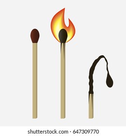 Match set - unused, burning and burned matchsticks. Isolated on white background. Vector illustration.