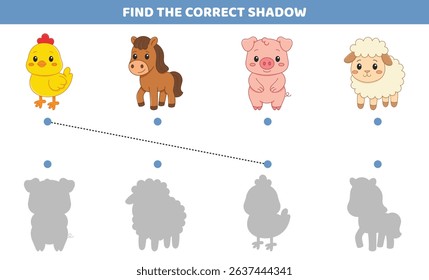Match the shadow activity page with cute farm animals. Fun and educational printable game for kids to develop attention and logic skills.