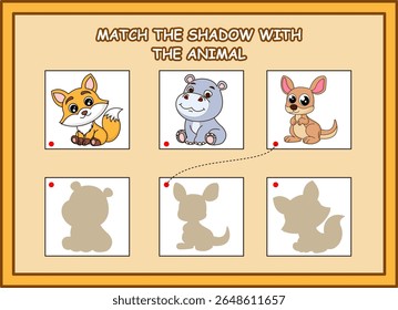 match the shadow with the animal kids worksheet. fox, hippo, kangaroo