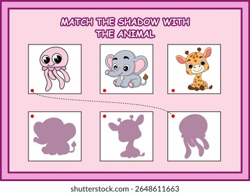 match the shadow with the animal kids worksheet. jellyfish, elephant, giraffe