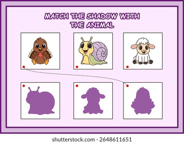 match the shadow with the animal kids worksheet.turkey,snail, sheep